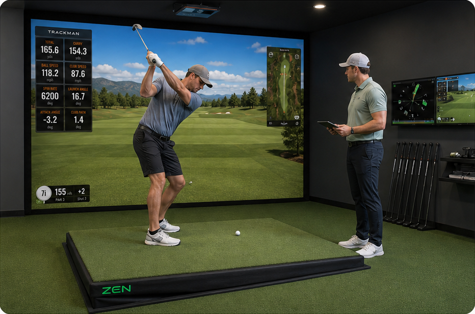 Golfer training in the PRIISM Golf Studio with TrackMan data and the Zen Swing platform