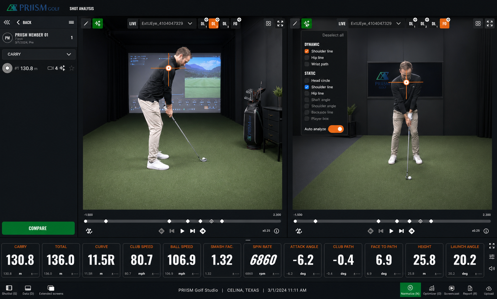 PRIISM Golf shot analysis screen showing down-the-line and face-on swing camera views with TrackMan numbers